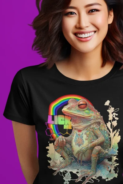 Lick me, i'm psychedelic design depicting a bufo alvarius toad with a rainbow and the spirit molecule