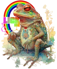 Lick me, i'm psychedelic design depicting a bufo alvarius toad with a rainbow and the spirit molecule