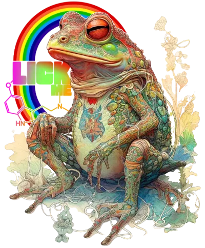 Lick me, i'm psychedelic design depicting a bufo alvarius toad with a rainbow and the spirit molecule