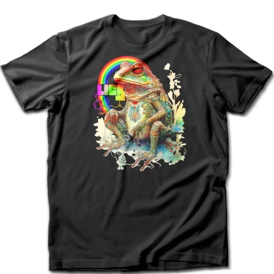 Lick me, i'm psychedelic design depicting a bufo alvarius toad with a rainbow and the spirit molecule