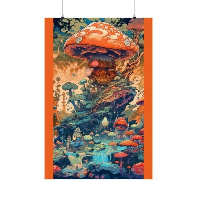 orange mushroom dreamscape with psychonaut chilling in the water