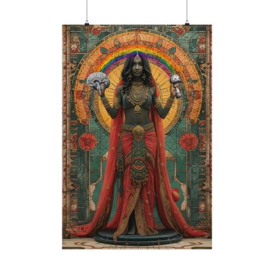 hindu goddess holding brain and mushroom tethered by rainbow