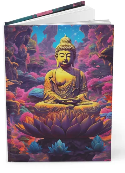 A hardcover journal featuring a colorful, psychedelic Buddha design.