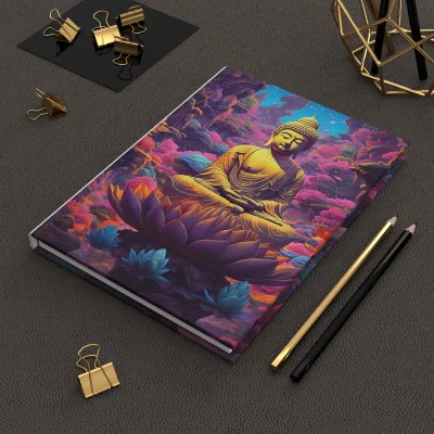 A hardcover journal featuring a colorful, psychedelic Buddha design.