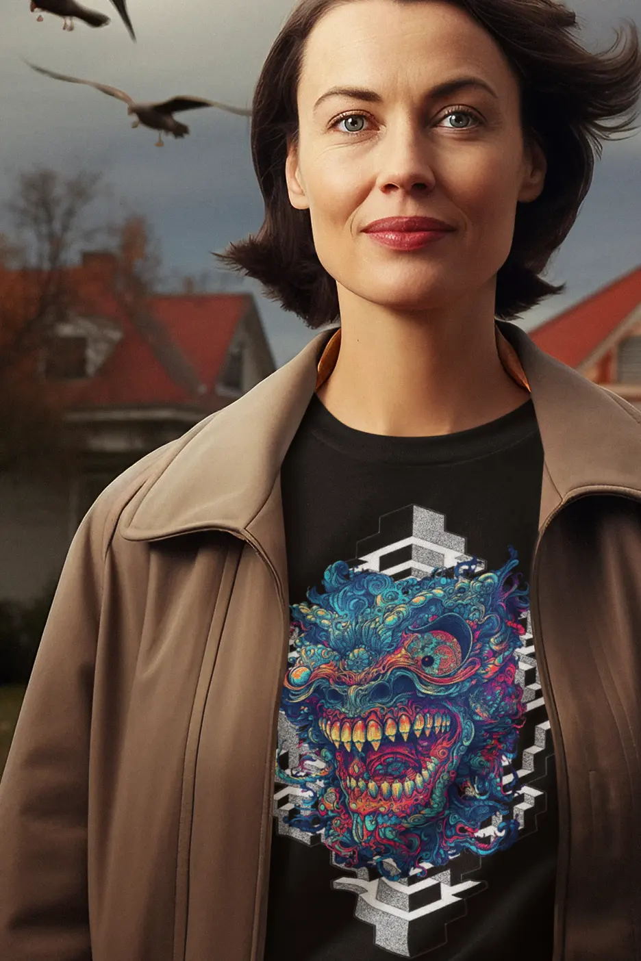 DMT entity smiling over sacred geometry