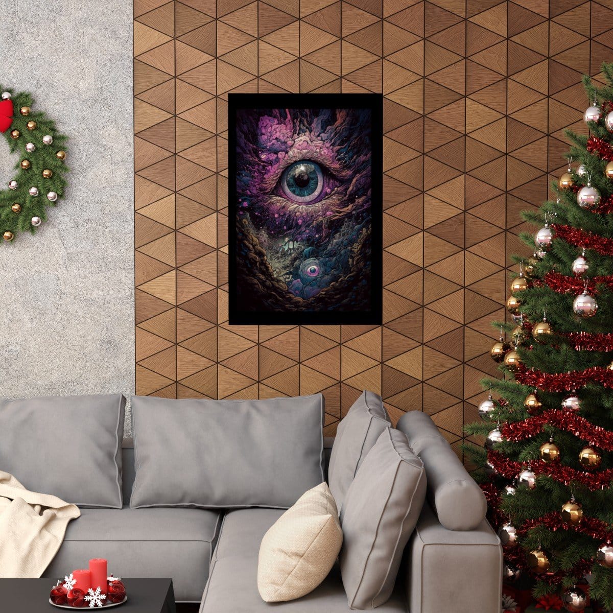Colorful visionary 'Trippy Eye in the Sky' poster with celestial motifs and hypnotic patterns"