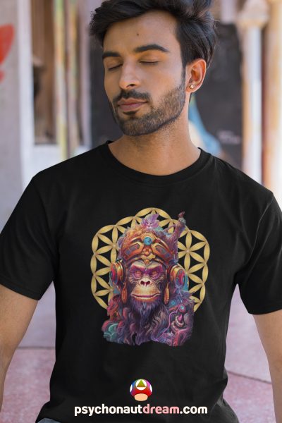 Captivating 'Trippy Monkey and Flower of Life' T-shirt featuring psychedelic art and sacred geometry