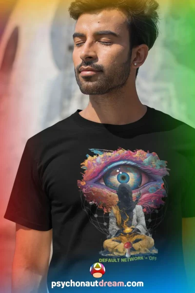 A vibrant t-shirt featuring a psychedelic design inspired by Zen principles and psychedelic experiences.