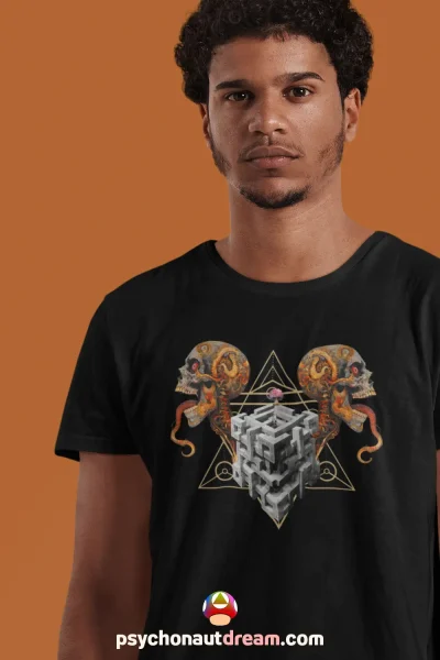 A vibrant t-shirt featuring a psychedelic design inspired by mind expansion and altered states.