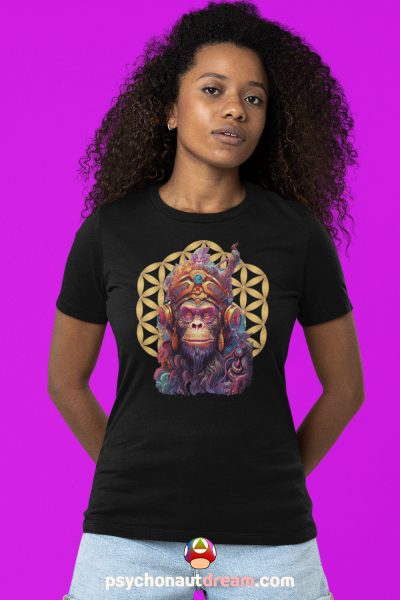 Captivating 'Trippy Monkey and Flower of Life' T-shirt featuring psychedelic art and sacred geometry