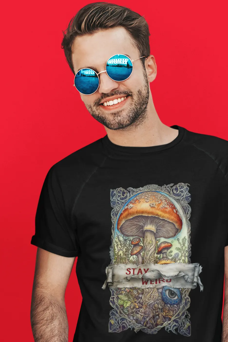 Stay weird tshirt design with magic mushrooms and magical psychedelique