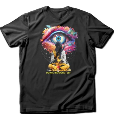 A vibrant t-shirt featuring a psychedelic design inspired by Zen principles and psychedelic experiences.