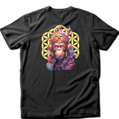 Captivating 'Trippy Monkey and Flower of Life' T-shirt featuring psychedelic art and sacred geometry