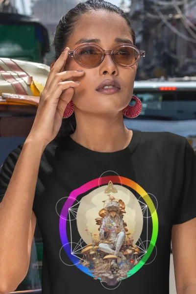 A vibrant t-shirt featuring a psychedelic design inspired by mushroom exploration and altered states of consciousness.