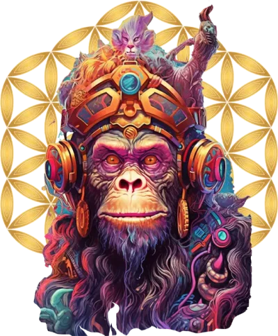 Captivating 'Trippy Monkey and Flower of Life' T-shirt featuring psychedelic art and sacred geometry