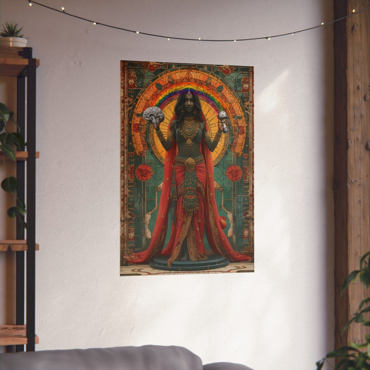 hindu goddess holding brain and mushroom tethered by rainbow