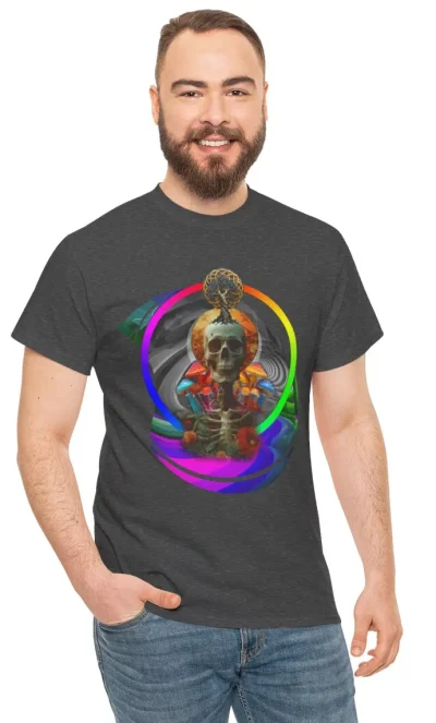 A vibrant t-shirt featuring a psychedelic design inspired by ego death and mind-expanding experiences.