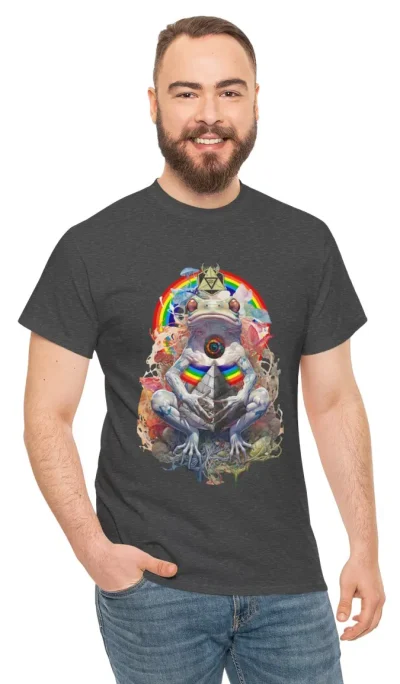 A vibrant t-shirt featuring a psychedelic design inspired by cosmic birth and DMT experiences.