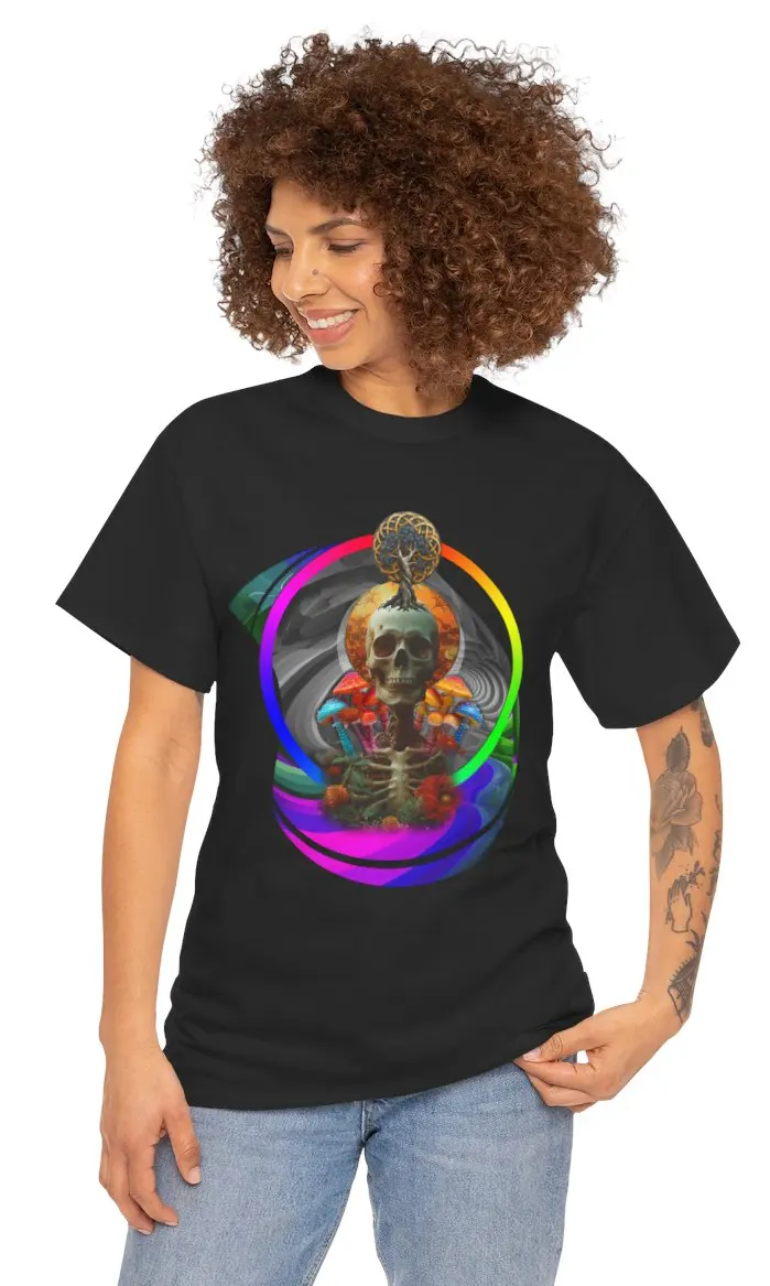 A vibrant t-shirt featuring a psychedelic design inspired by ego death and mind-expanding experiences.