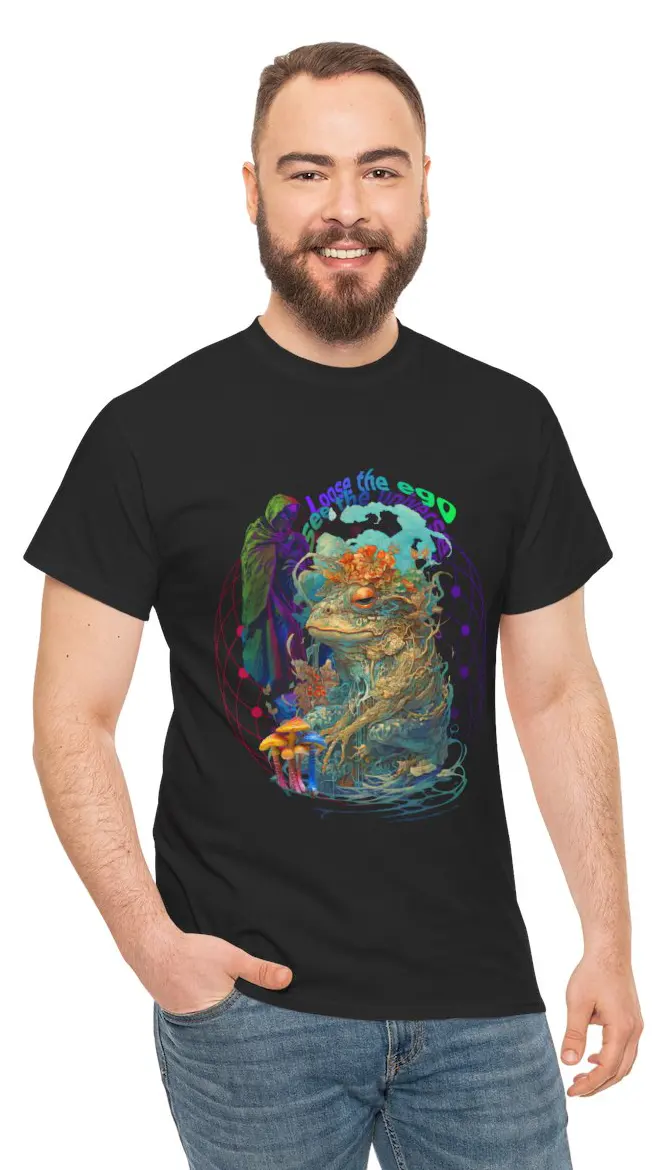 A vibrant t-shirt featuring a psychedelic design inspired by ego dissolution and cosmic exploration.