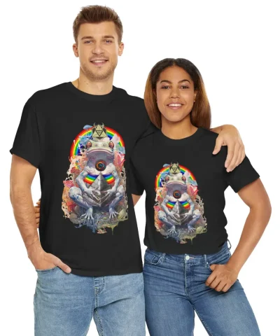 A vibrant t-shirt featuring a psychedelic design inspired by cosmic birth and DMT experiences.