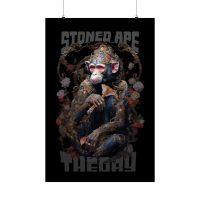 Intriguing Stoned Ape Theory Poster with prehistoric and psychedelic designs.