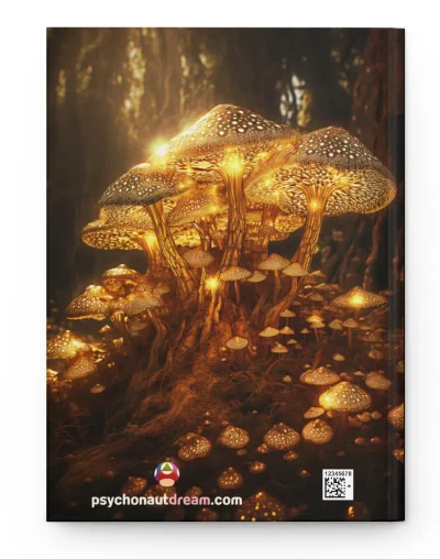 A hardcover diary featuring a colorful, psychedelic Golden Teacher mushroom design.