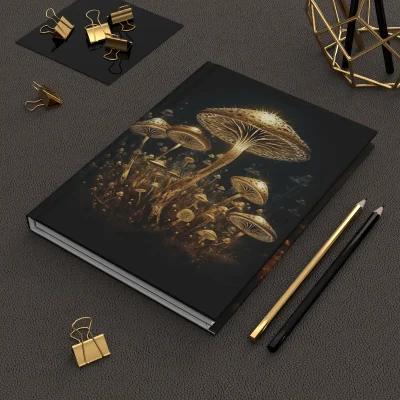 A hardcover diary featuring a colorful, psychedelic Golden Teacher mushroom design.