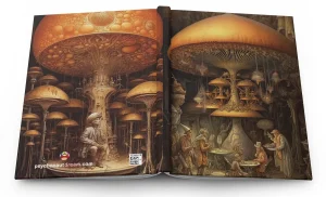 A hardcover journal featuring a colorful, Victorian-inspired magic mushroom design.