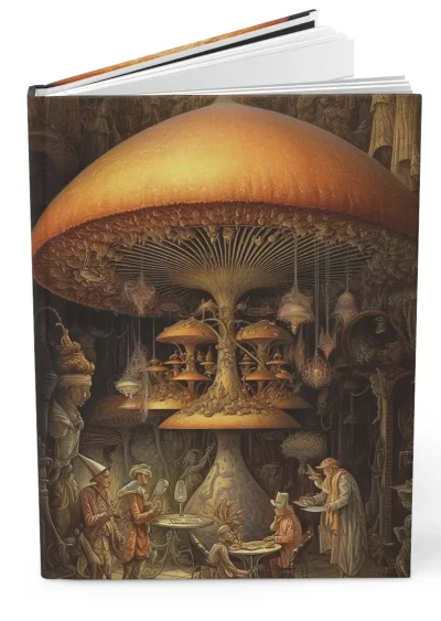 A hardcover journal featuring a colorful, Victorian-inspired magic mushroom design.