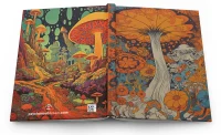 A hardcover journal featuring a colorful, psychedelic 70s-inspired magic mushroom design.