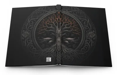 A hardcover journal featuring a colorful, psychedelic Tree of Life design.