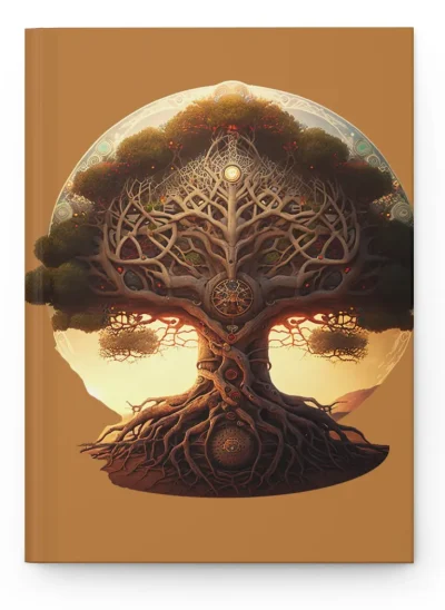 A hardcover journal featuring a colorful, Celtic Tree of Life design.