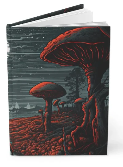 A hardcover journal featuring a colorful, psychedelic magic mushroom design.