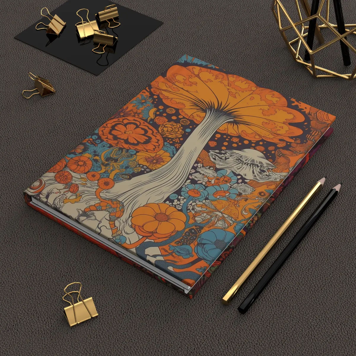 A hardcover journal featuring a colorful, psychedelic 70s-inspired magic mushroom design.