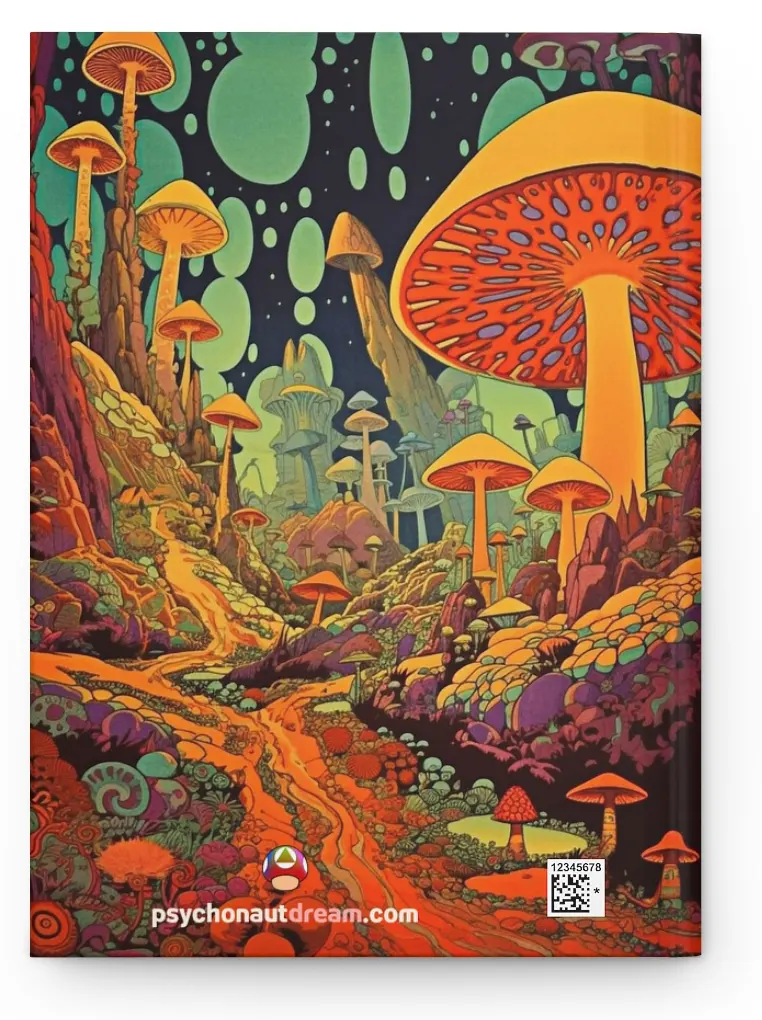 A hardcover journal featuring a colorful, psychedelic 70s-inspired magic mushroom design.