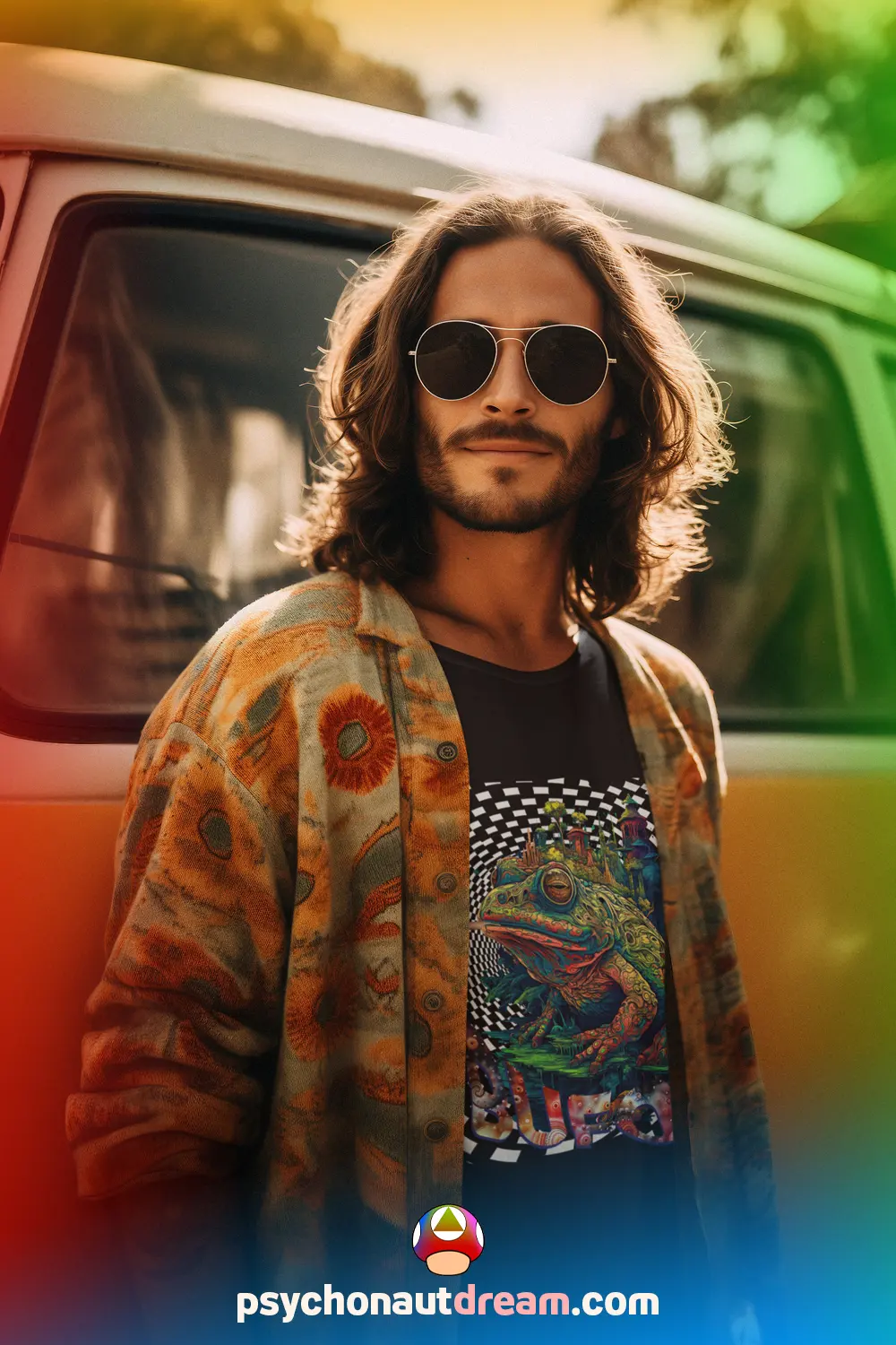 A vibrant t-shirt featuring a psychedelic design inspired by the Bufo Alvarius toad and DMT experiences.
