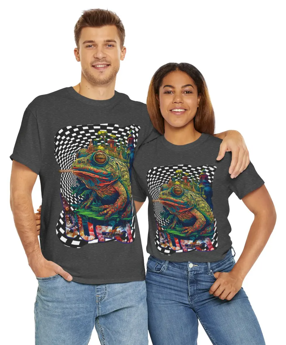 A vibrant t-shirt featuring a psychedelic design inspired by the Bufo Alvarius toad and DMT experiences.