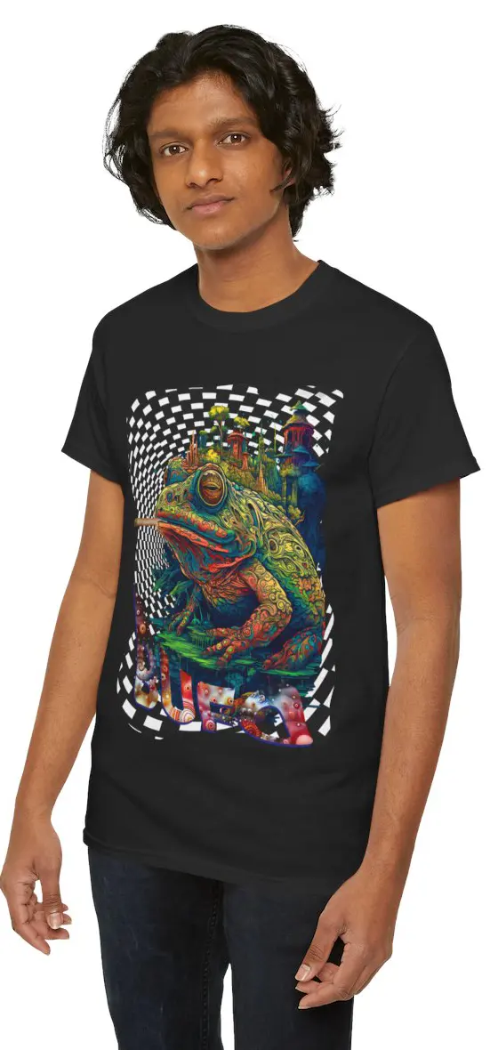 A vibrant t-shirt featuring a psychedelic design inspired by the Bufo Alvarius toad and DMT experiences.