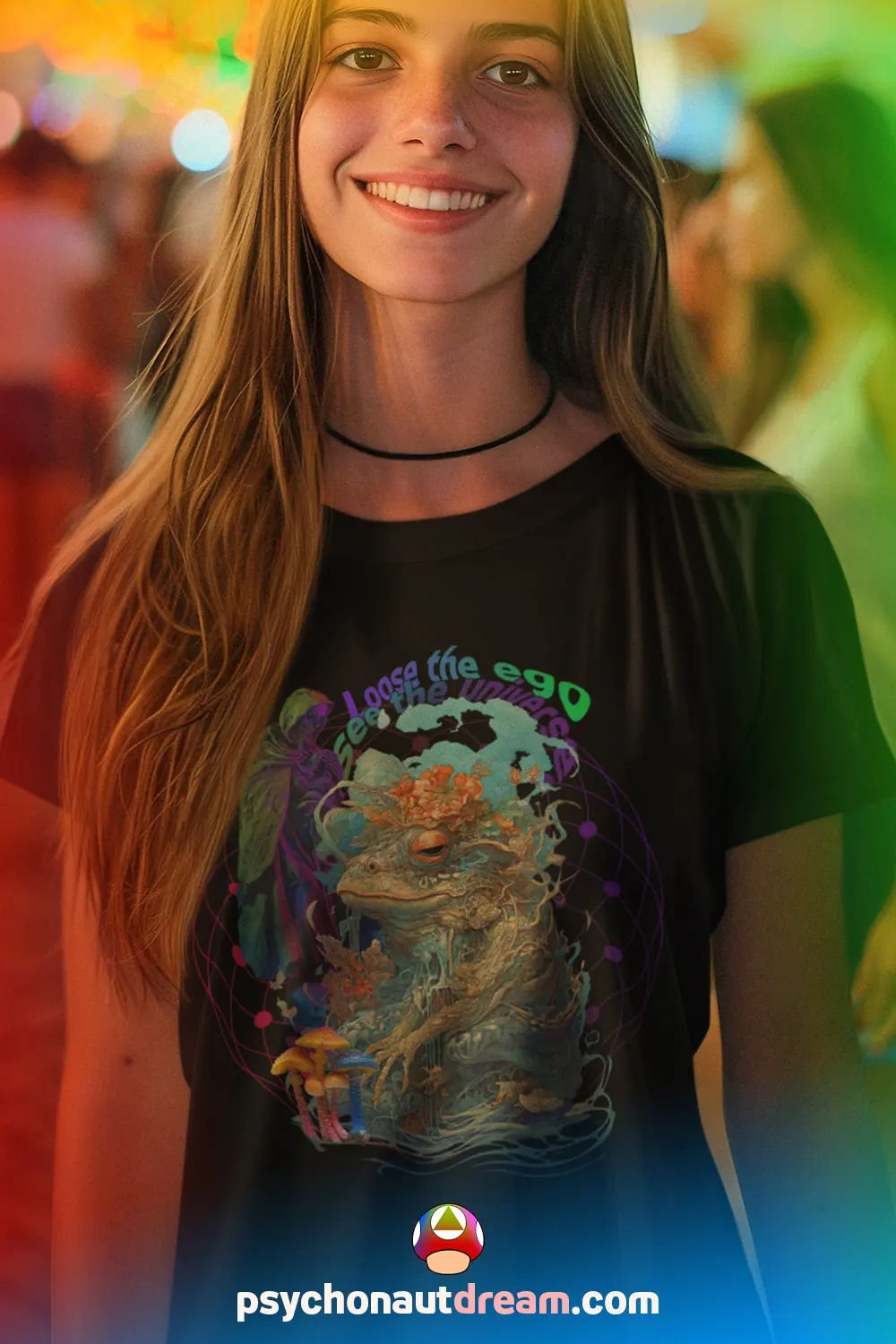 A vibrant t-shirt featuring a psychedelic design inspired by ego dissolution and cosmic exploration.
