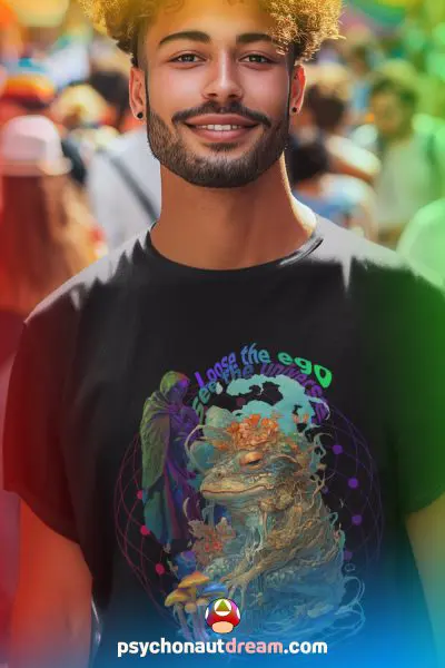 A vibrant t-shirt featuring a psychedelic design inspired by ego dissolution and cosmic exploration.