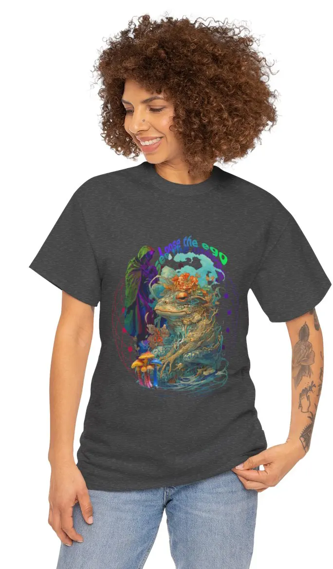 A vibrant t-shirt featuring a psychedelic design inspired by ego dissolution and cosmic exploration.