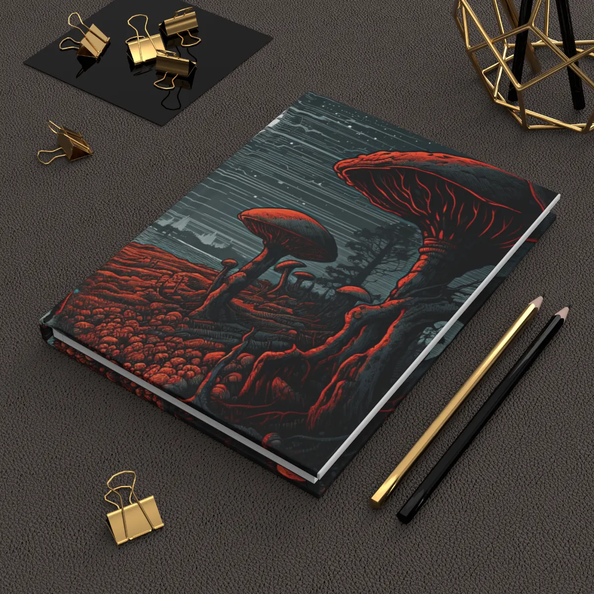 A hardcover journal featuring a colorful, psychedelic magic mushroom design.