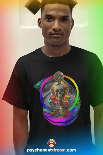 A vibrant t-shirt featuring a psychedelic design inspired by ego death and mind-expanding experiences.