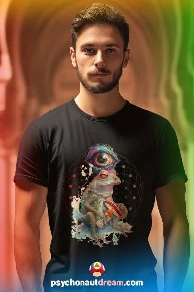 A vibrant t-shirt featuring a psychedelic design inspired by the Sonoran Desert Toad and 5-MeO-DMT experiences.