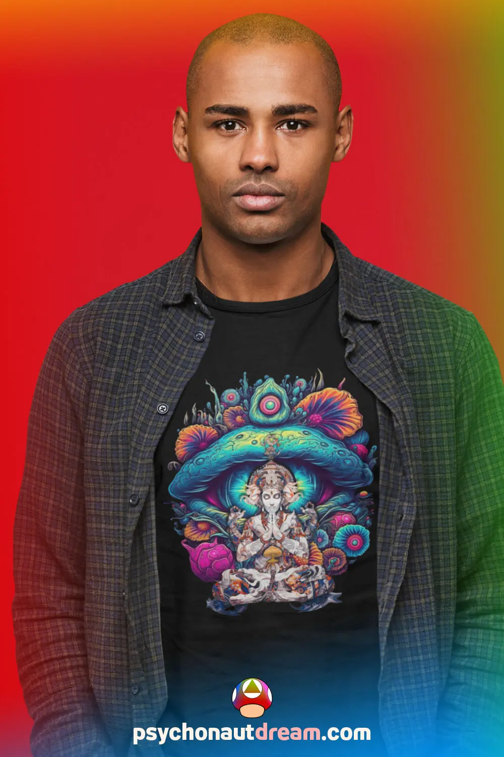 A vibrant t-shirt featuring a psychedelic design inspired by mind-expanding experiences and altered states of consciousness.