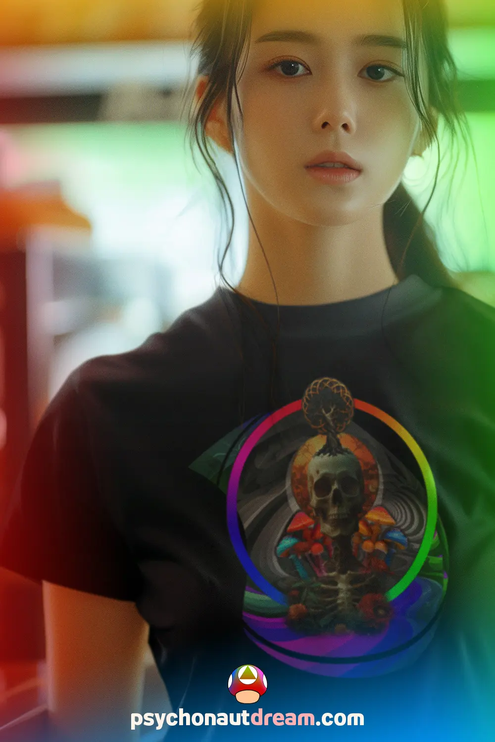 A vibrant t-shirt featuring a psychedelic design inspired by ego death and mind-expanding experiences.