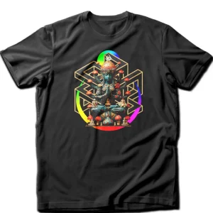 A t-shirt featuring a serene, psychedelic-inspired meditation design.