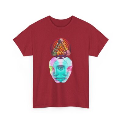 One-of-a-kind psychedelic t-shirt featuring a glitchy duality figure with sacred geometry and an All-Seeing Eye symbolizing monism and cosmic awareness.