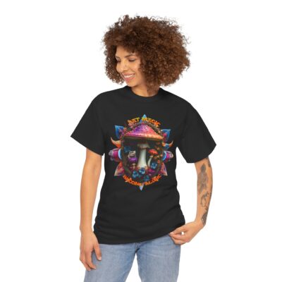 Statement psychedelic t-shirt featuring a magic mushroom surrounded by fractals and sacred geometry with the phrase “Eat Magic, Become Magic.”